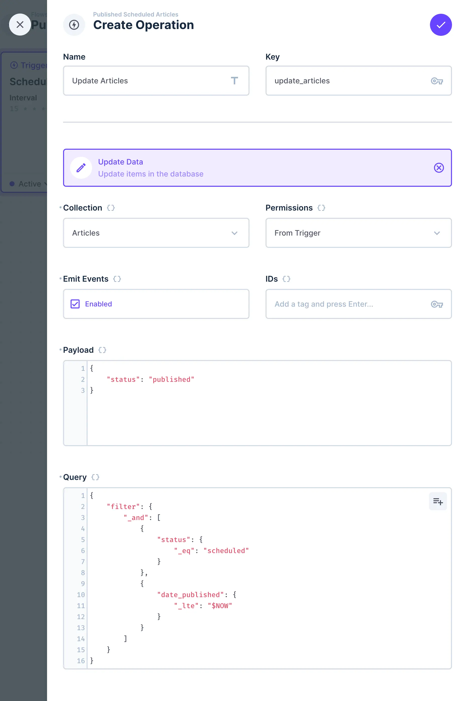 Inside a Directus Flow, the Create Operation interface is shown. The Name of the operation is "Update Articles". The Key is "update_articles". The type of Operation is "Update Data". The Collection for the operation is "Articles". The Payload for the operation is a JSON object with key - status and value of published. There is also a JSON object for the Query field. A filter that checks that the item status is equal to "scheduled" and the date_published is less than or equal to the current timestamp.